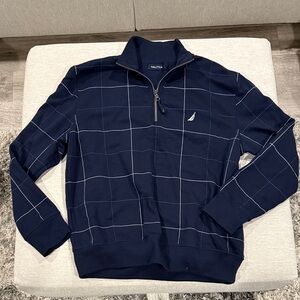Nautica Men's Blue Grid Pattern Zip Up Sweater
